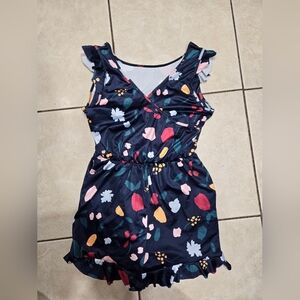 Romper medium silky navy blue with floral print